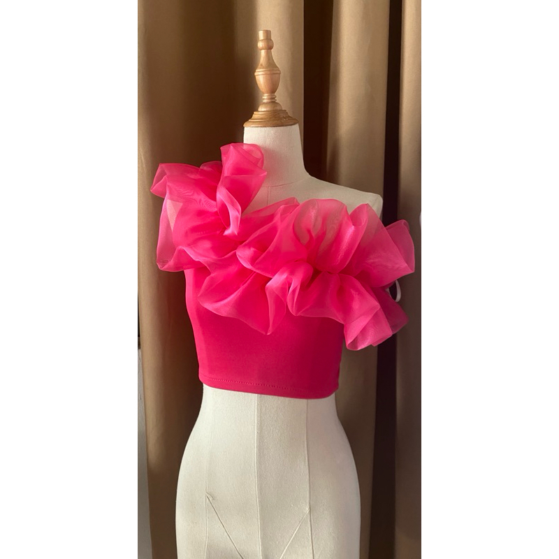 Catalina one side ruffle organza crop top | Shopee Philippines