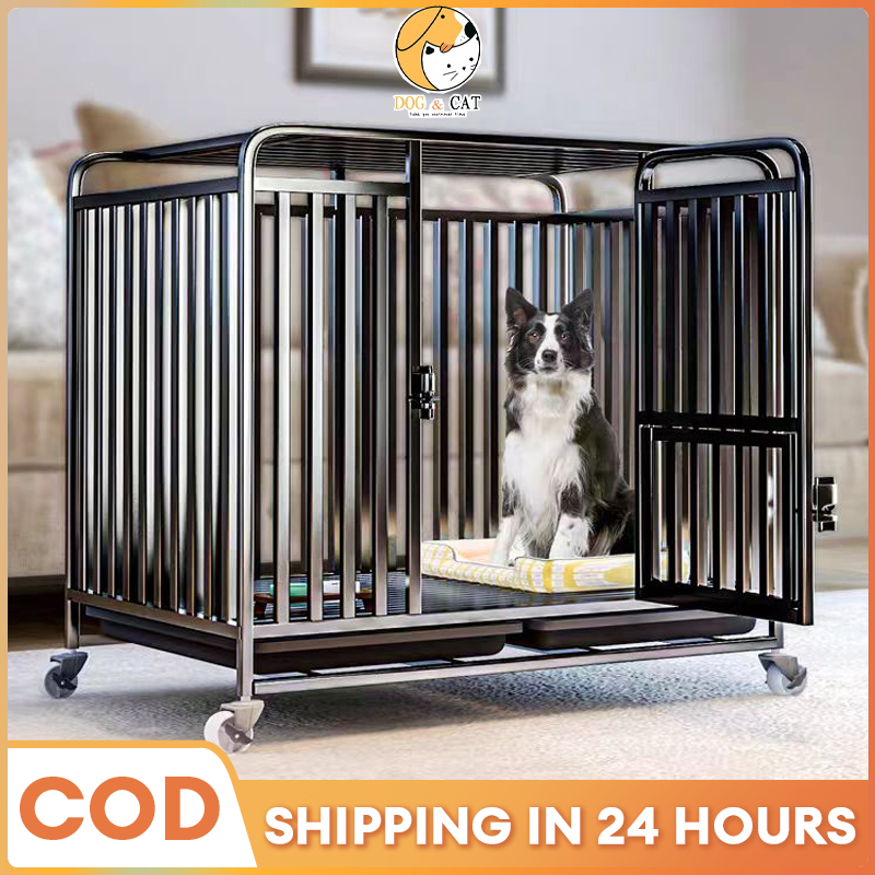 Dog Cage Stainless Mobile Upgraded Square Tube Dog Cage With Tray Pet Cage  Indoor Dog House