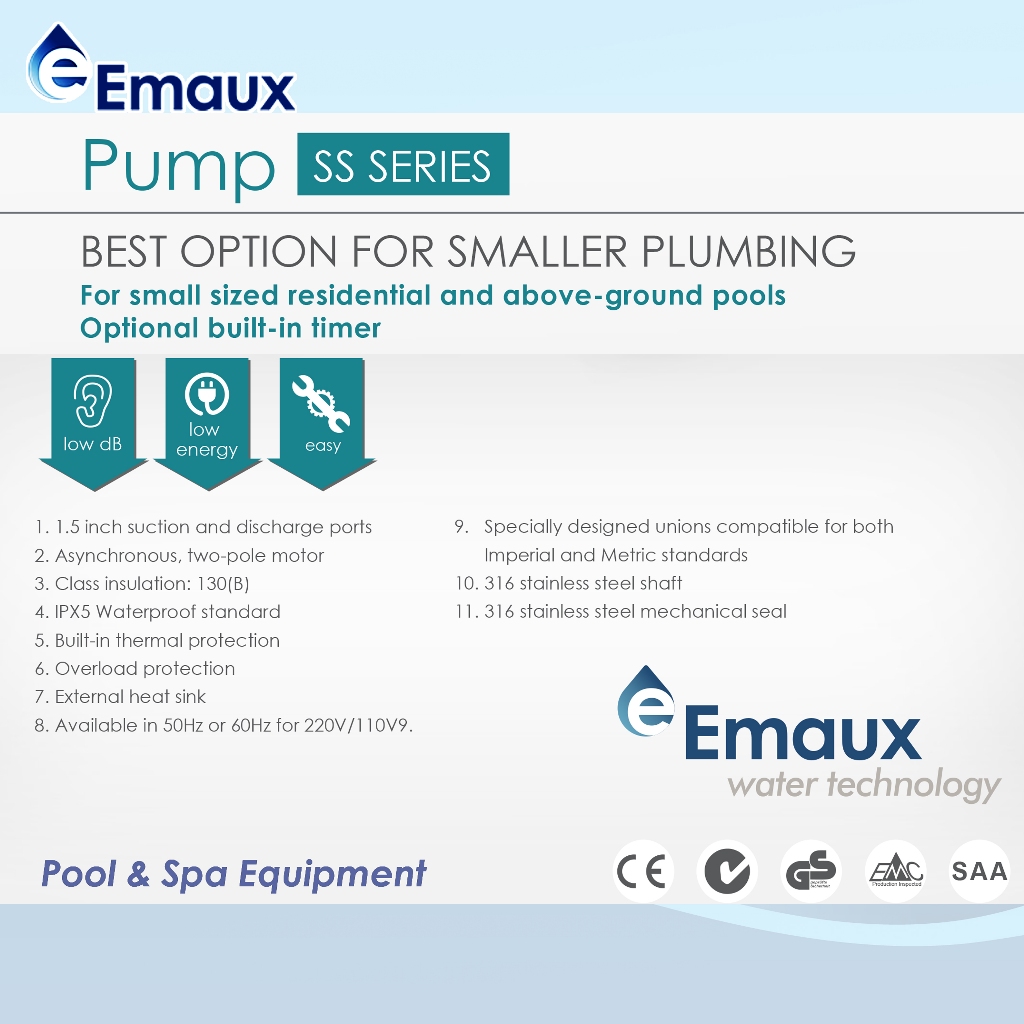 Emaux Pool Pump 0.90kW 220-240V 60Hz 3400r/min 16.5m3/h - SS100 ...