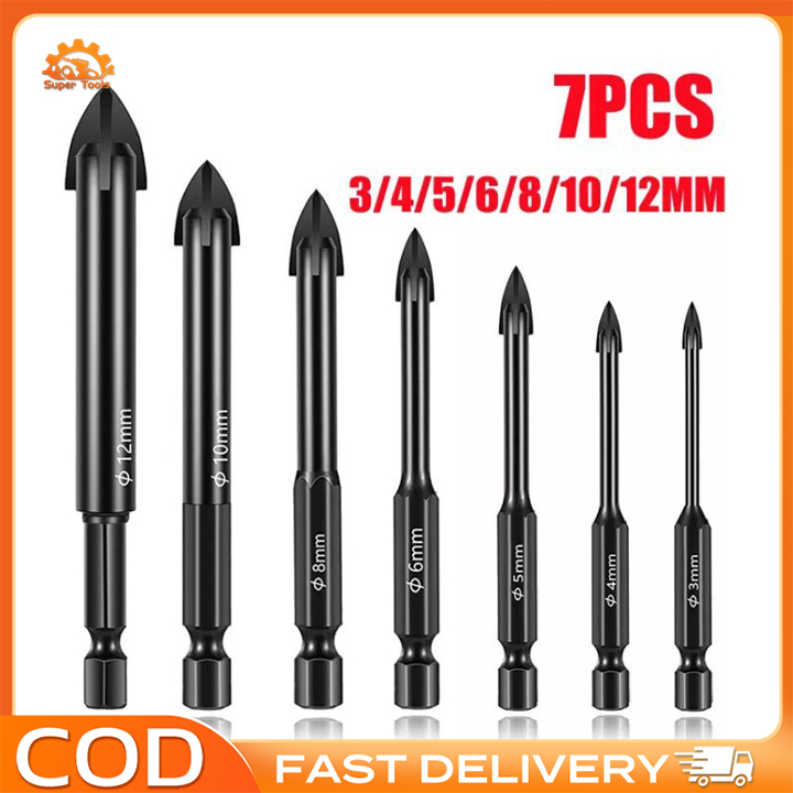 7pcs Glass Concrete Drill Bit Set 3-12mm Cross Hex Tile Ceramic Drill ...