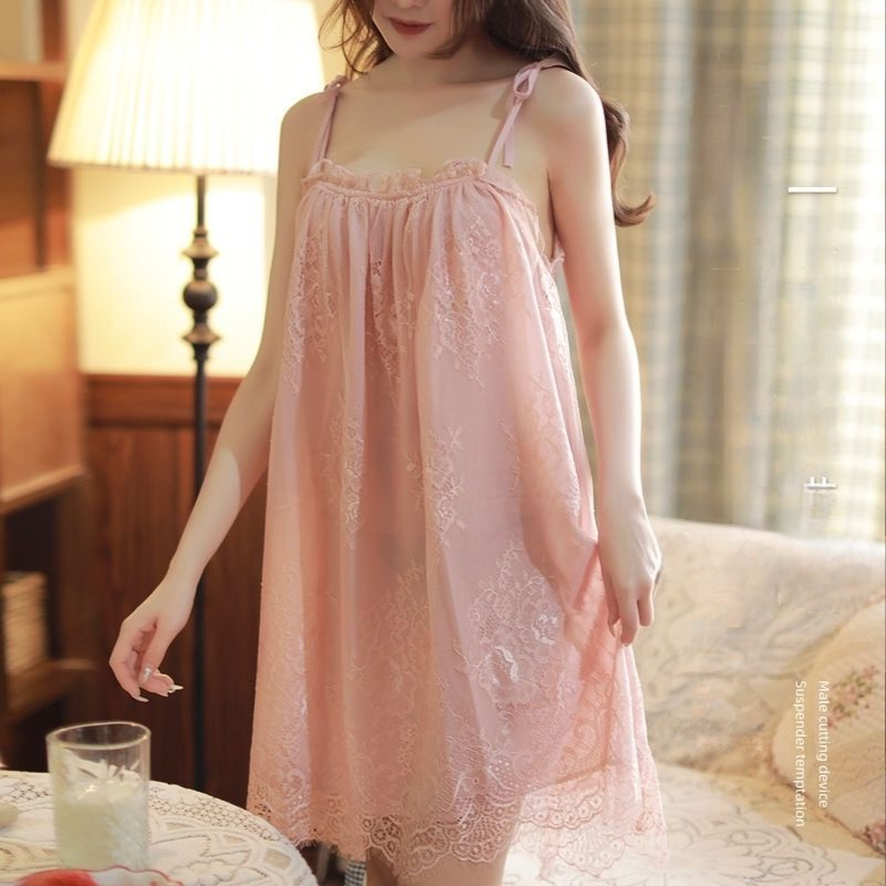 Plus size 100 jin loose suspenders sexy sweet lace chiffon pajamas ...