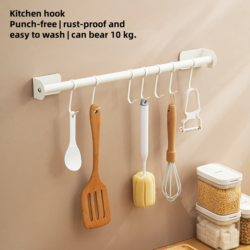 Kitchen Hook Rod Rack Non-Punching Multifunctional Storage Wall Hanging ...