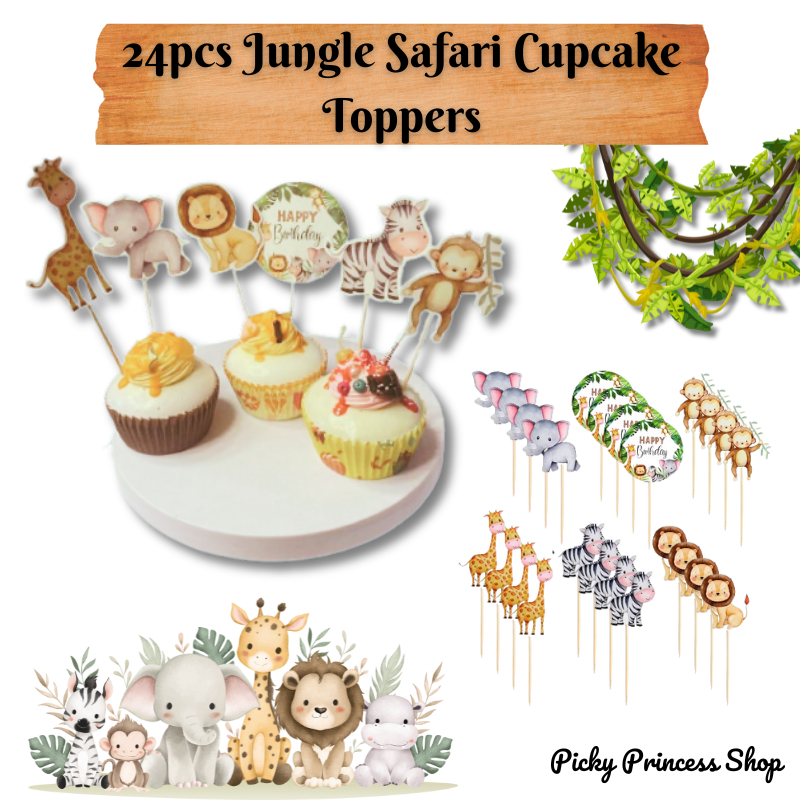 24pcs Big Jungle Safari Cupcake Toppers Happy Birthday Cake Decor Wild ...