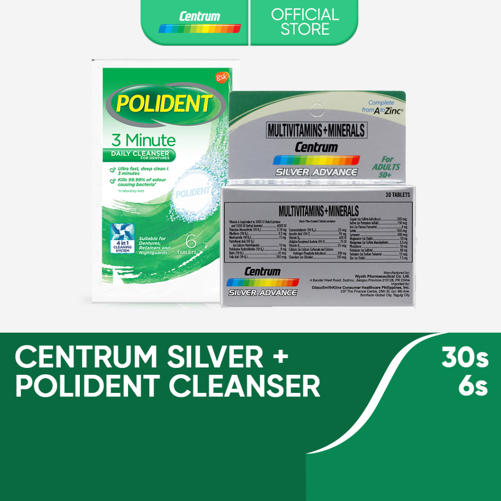 Centrum Silver Advance 30s + Polident 3-Minute Original Cleanser 6 ...