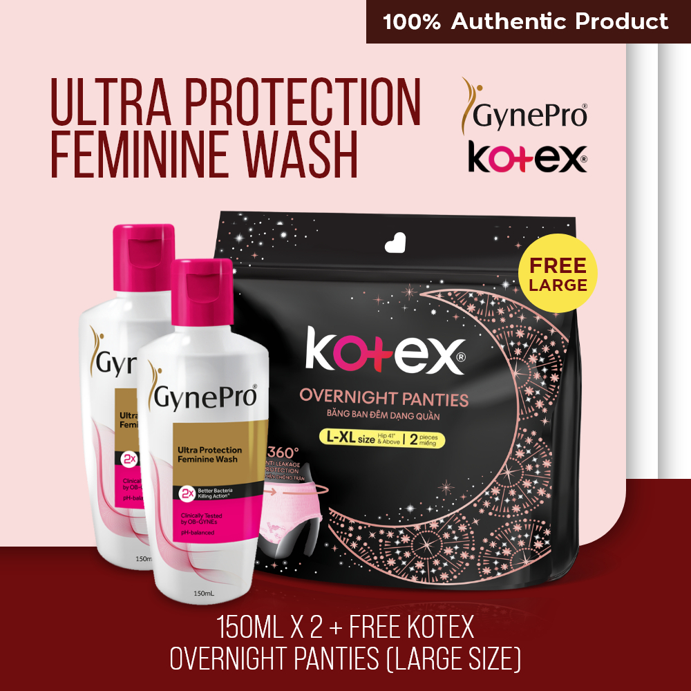 Gynepro Ultra Protection Feminine Wash 150ml x 2 + FREE Kotex Overnight ...