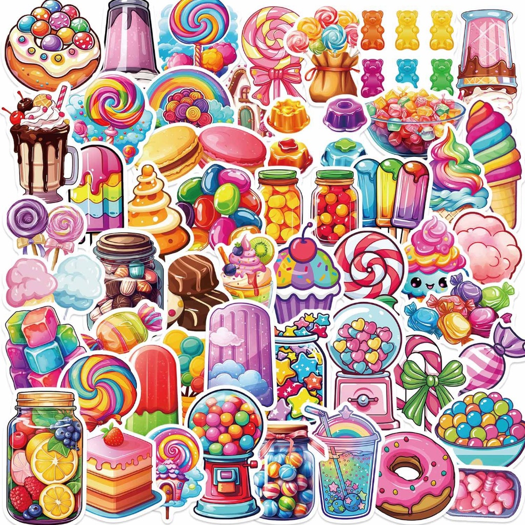 50Pcs/Set Colorful Candy Lollipop Dessert Stickers DIY wateproof ...