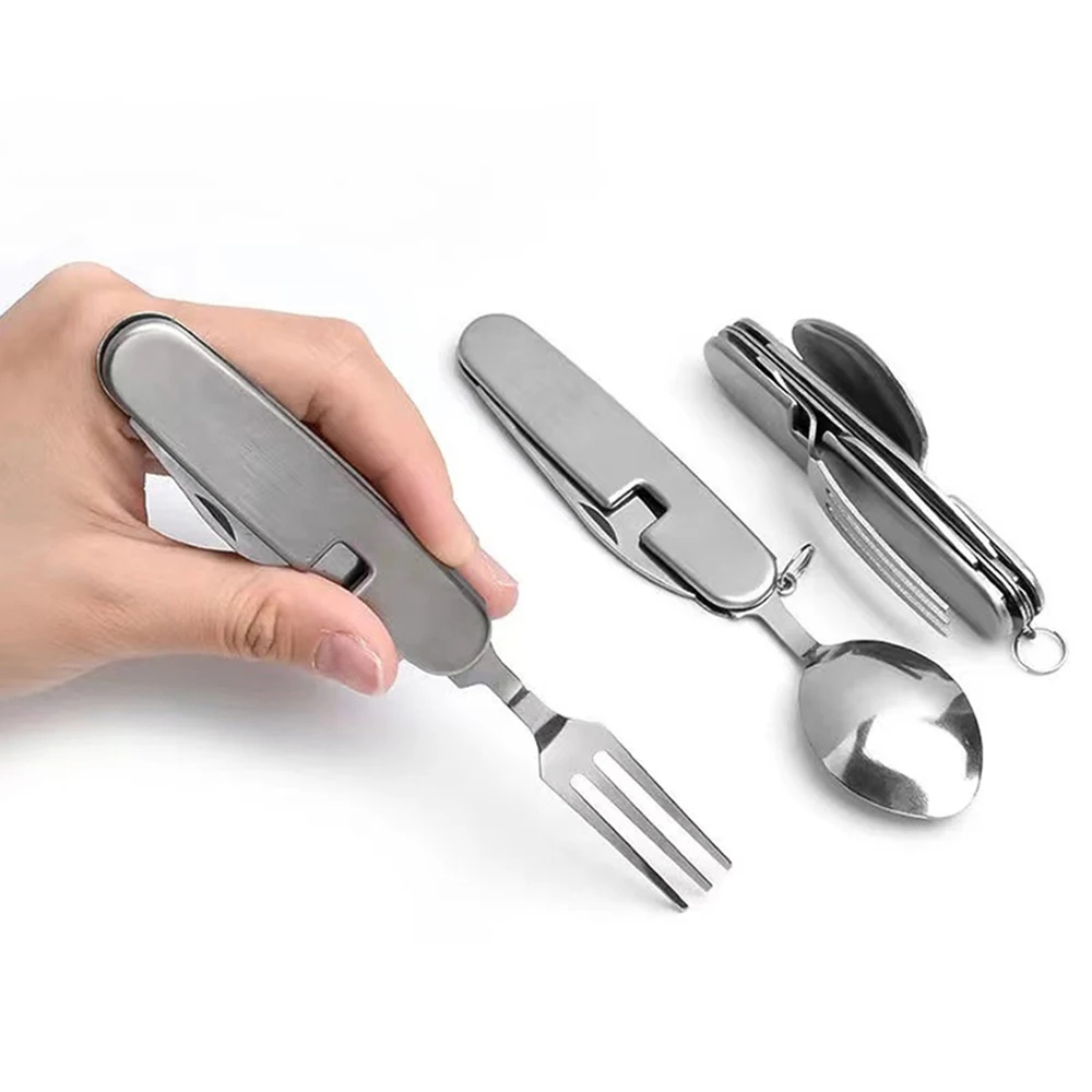 4 in 1 stainless steel foldable camping cutlery set, spoon, fork, knife