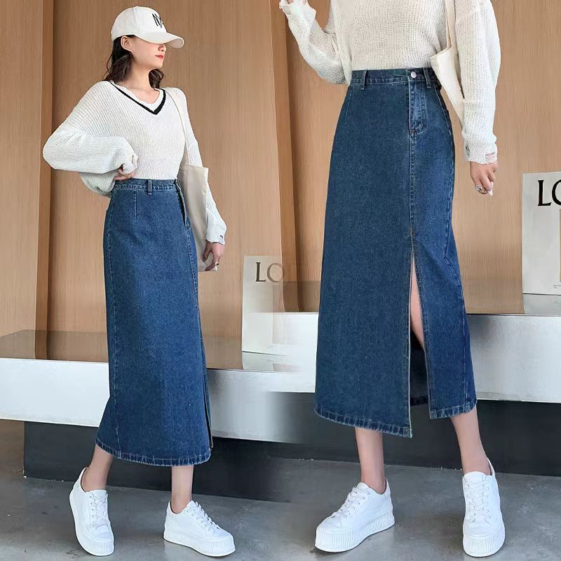 S-5XL~Long skirt MIDI with slit denim pencil highwaist A-line skirt blue  Korean fashion maong office