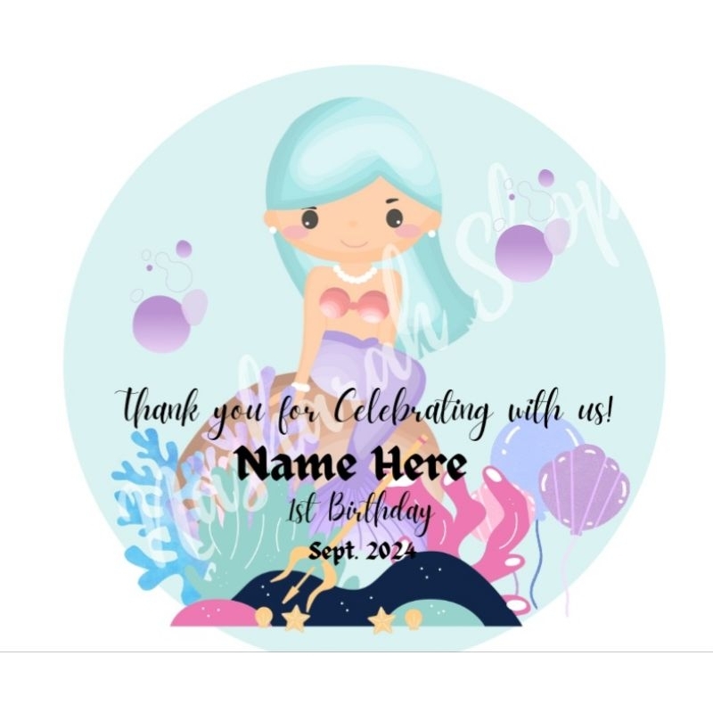 Personalized Mermaid Theme round Sticker Label for Birthday/Baptism ...