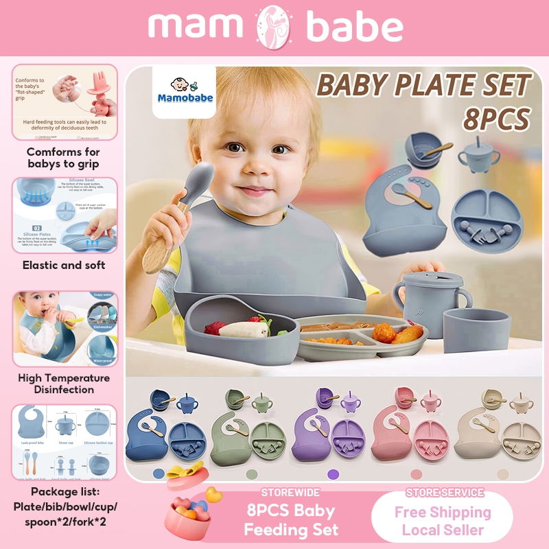 8PCS Baby Feeding Set Silicone Baby Plate Set Infant Silicon Bib