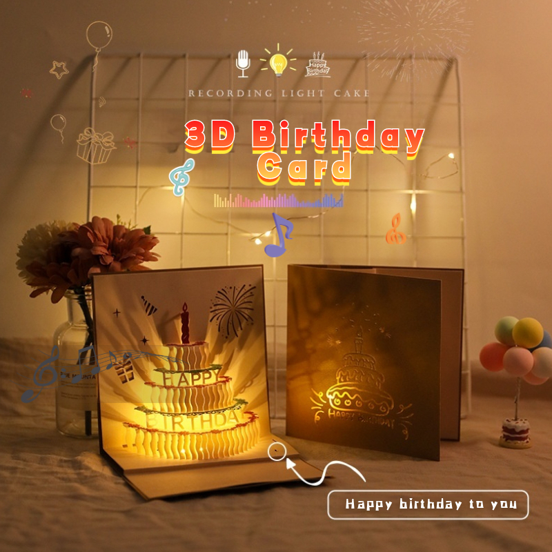 Happy Birthday card with music pop up 3D Light Cake Creative Greeting ...