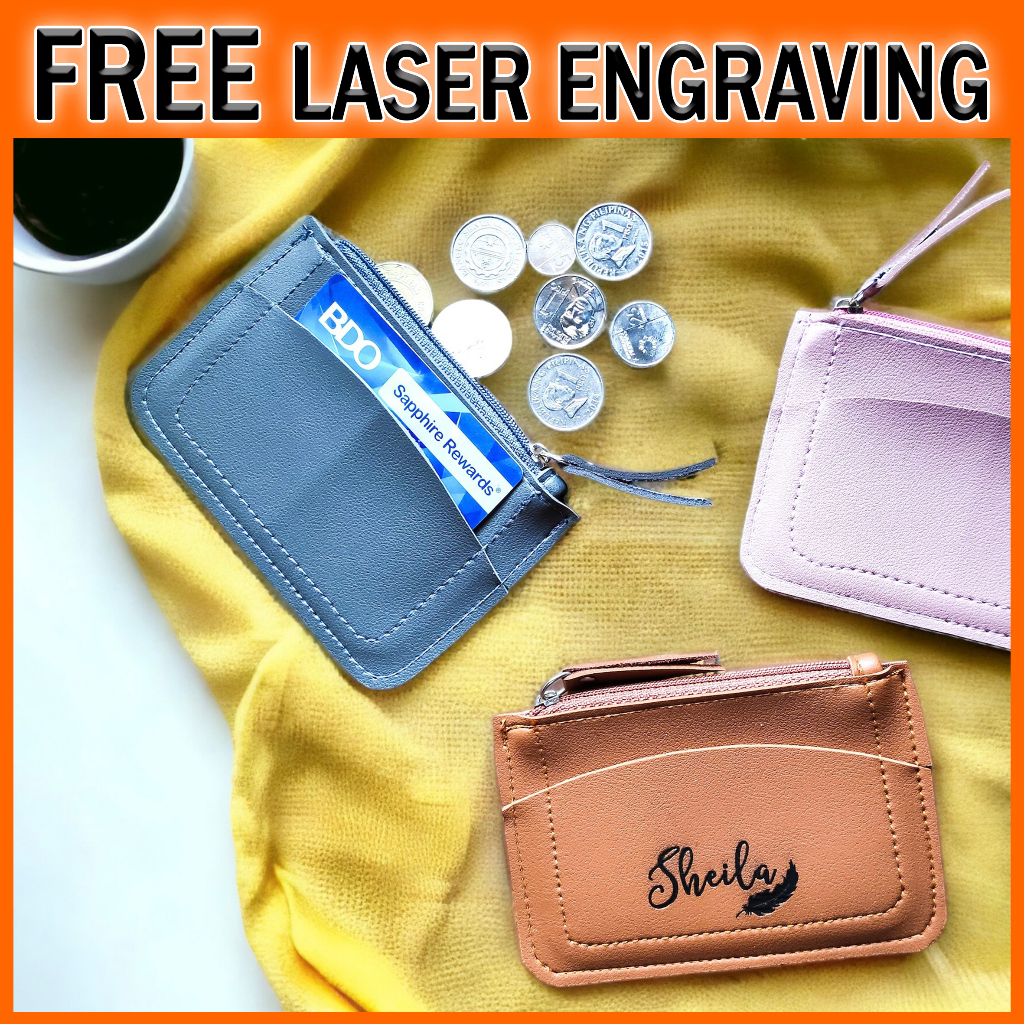 (Free Engrave) Personalized Leather Zip Coin Pouch / Flat Purse with ...