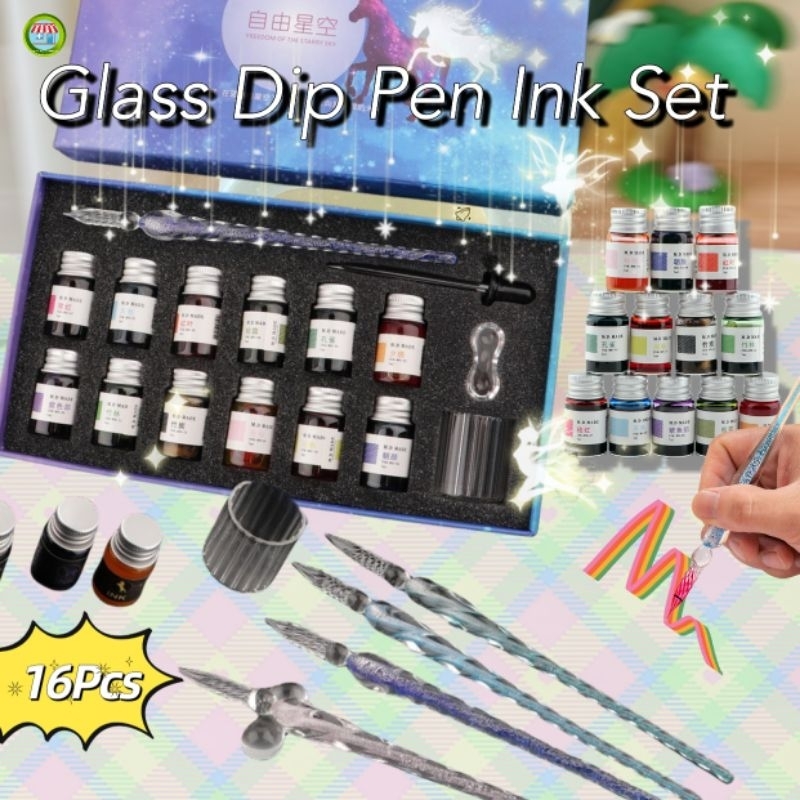 16PCS Star Glass Dipping Pen with 12 Colorful Ink Gift Box Children's Birthday Gift Shopee