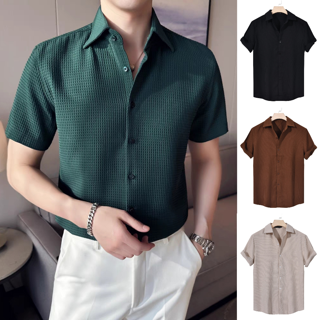 Huilishi skin-friendly waffle short-sleeved shirt, casual versatile ...