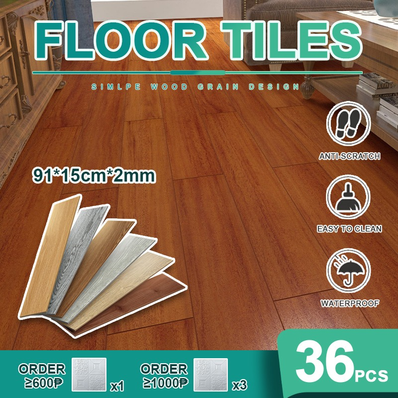 Floor Stickers 36pcs 2mm thick Wooden Design 91X15 cm Vinyl Adhesive PVC Tiles Flooring Shopee