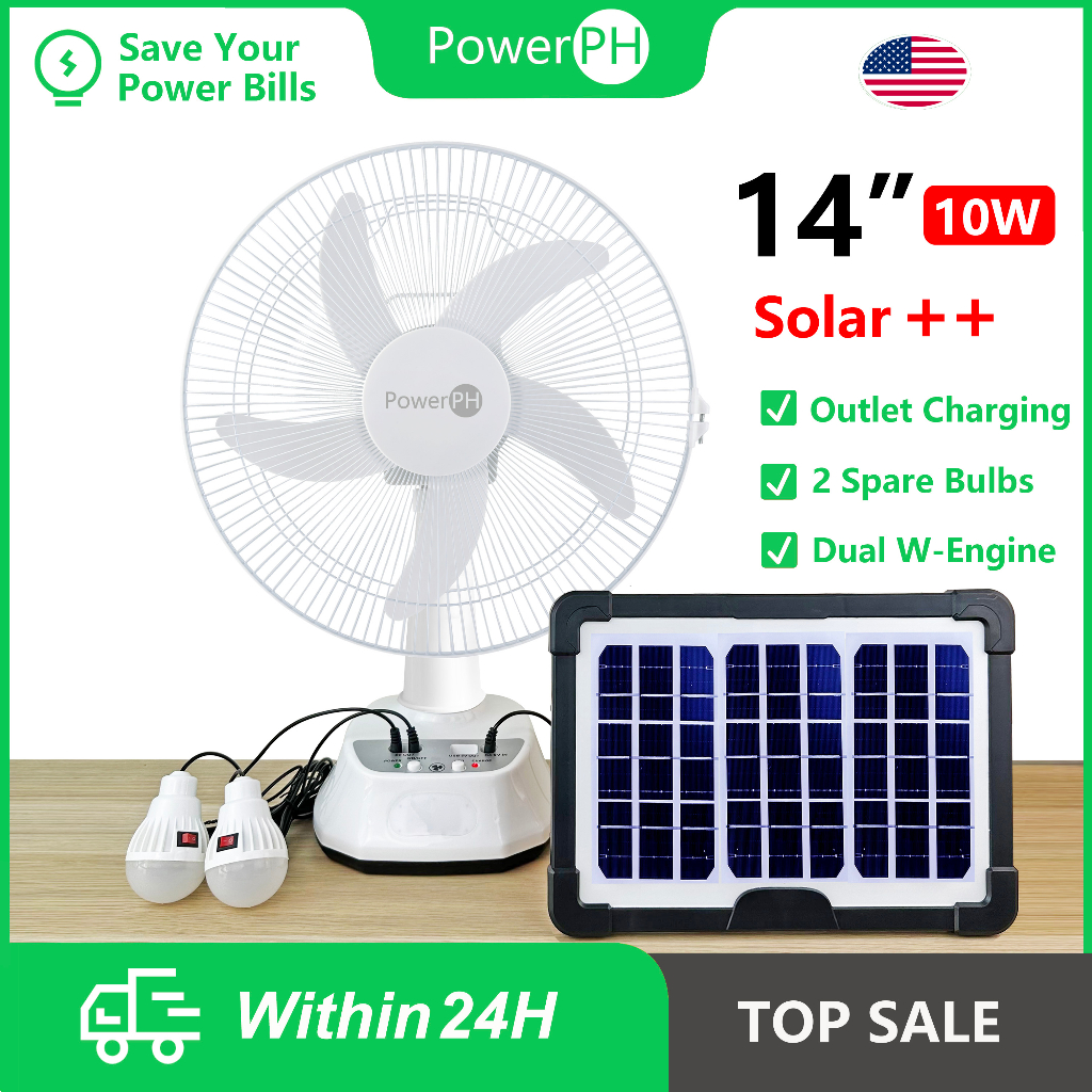 Powerph 12 14inch Rechargeable Electric Solar Fan With Solar Panel And 2 Free Bulbs And Charger 9674