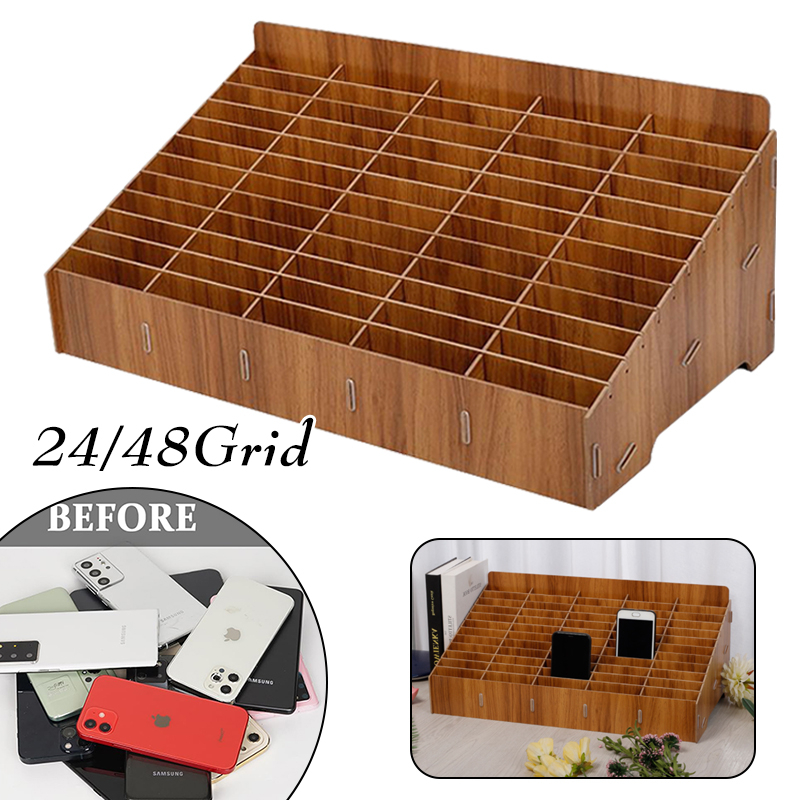 24/48 Grid Wooden Mobile Phone Storage Box Desktop Organizer Storage