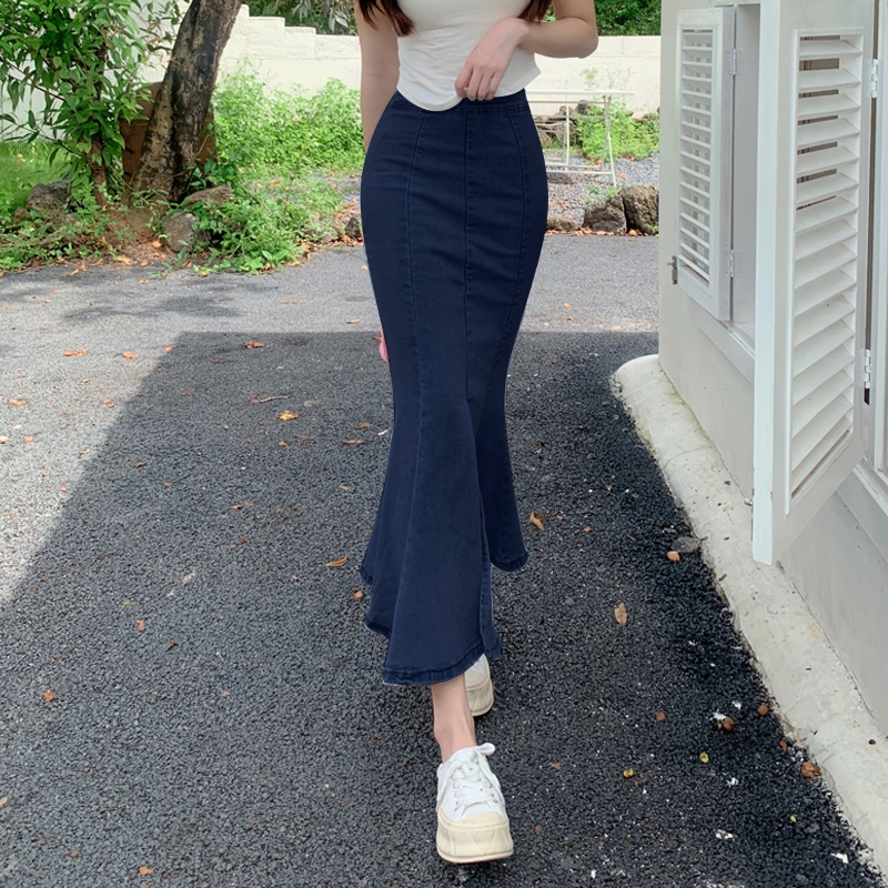 Denim Mermaid Skirt Women's High Waist Slim A-line Elastic Mid
