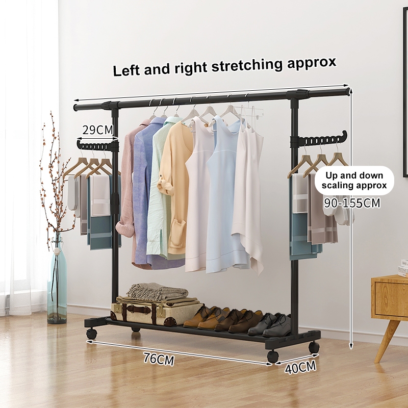 Extendable Double Pole Clothes Rack with Wheels Metal Clothes Hanger ...