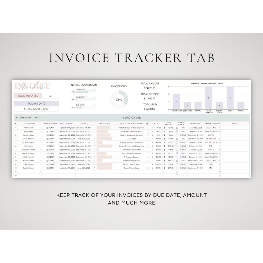 Digital Planner, Client Tracker Spreadsheet Invoice Template for Small ...