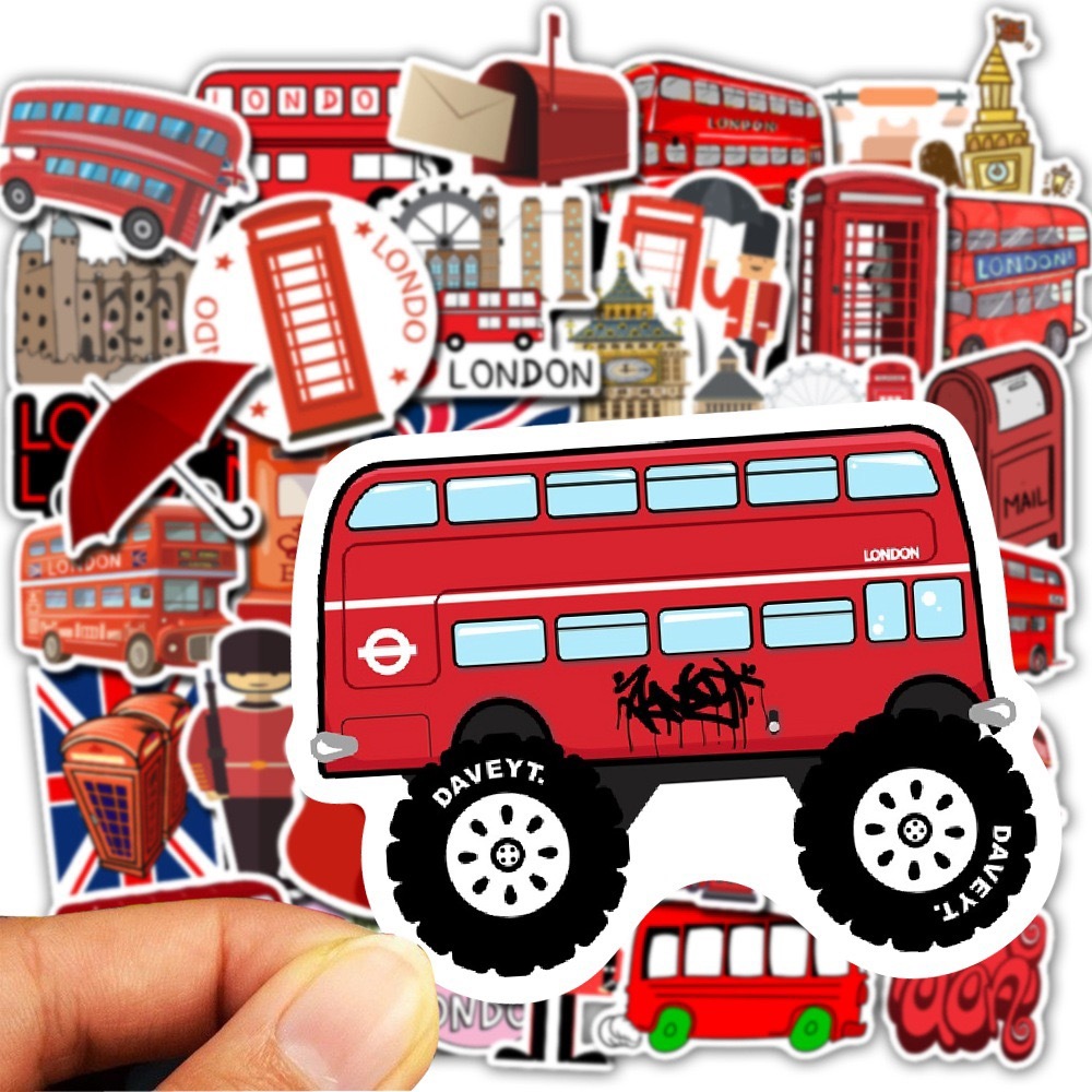 50pcs Diy Red Bus London Color Image Stickers Waterproof luggage ...