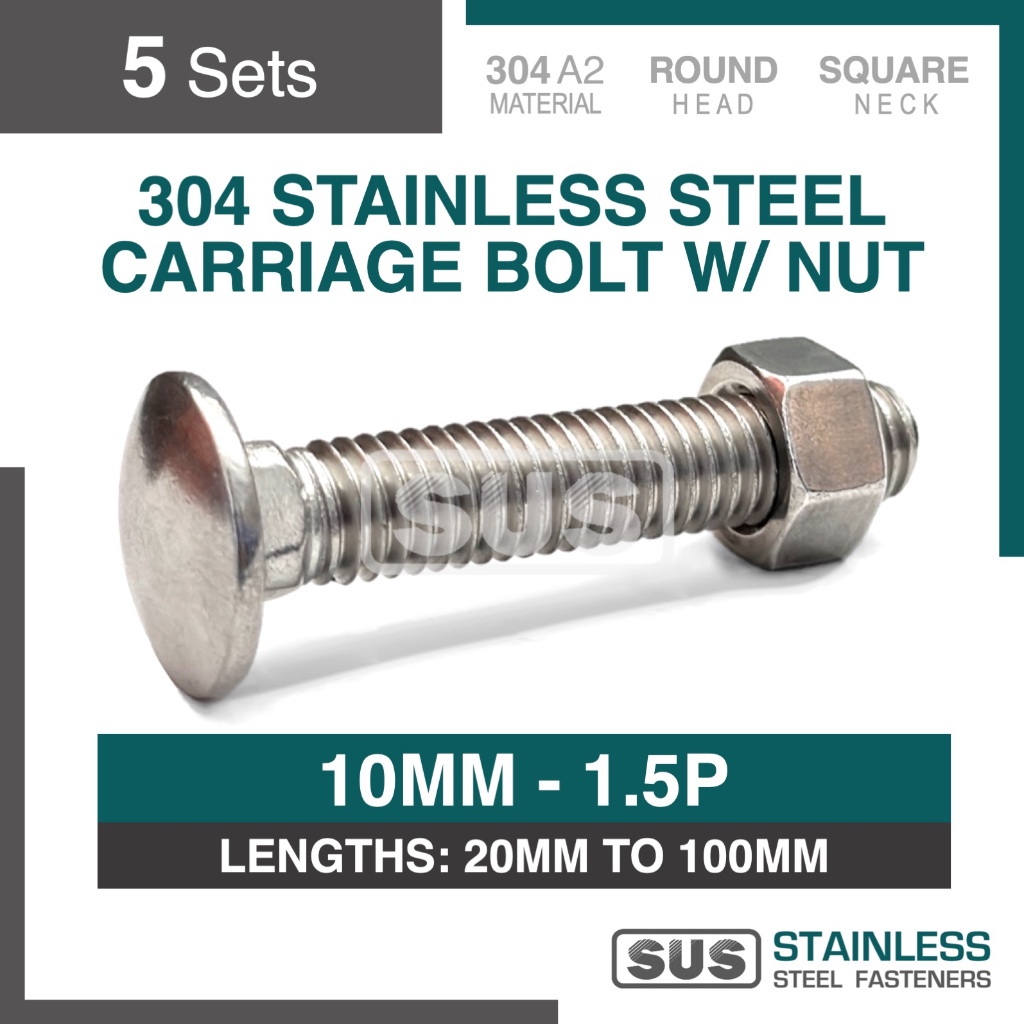5set SS304 Stainless Steel Carriage Bolt with Nut / Round Head Coach