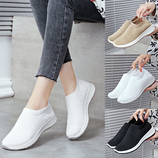 Korean Plain Sport Women Shoes Soft Elastic Rounded Toe Sneakers Slip On Casual Rubber Plus Shoe 41 Shopee Philippines