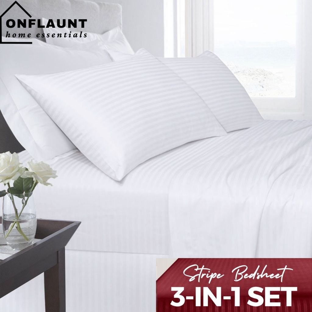 OnFlaunt 3in1 Set Bedsheet White Stripe with 1 Fitted Bedsheet Set and
