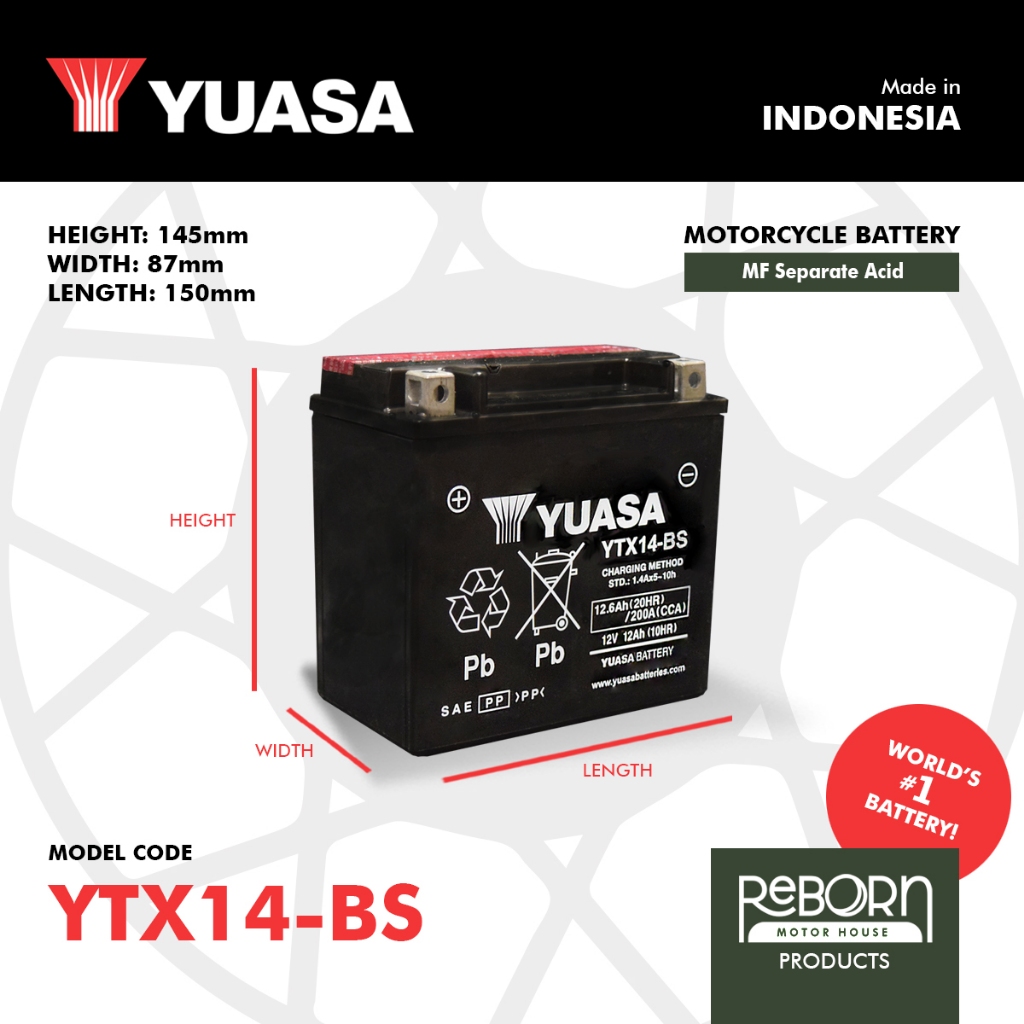 YUASA Maintenance Free Motorcycle Battery YTX14-BS YTX14-BS