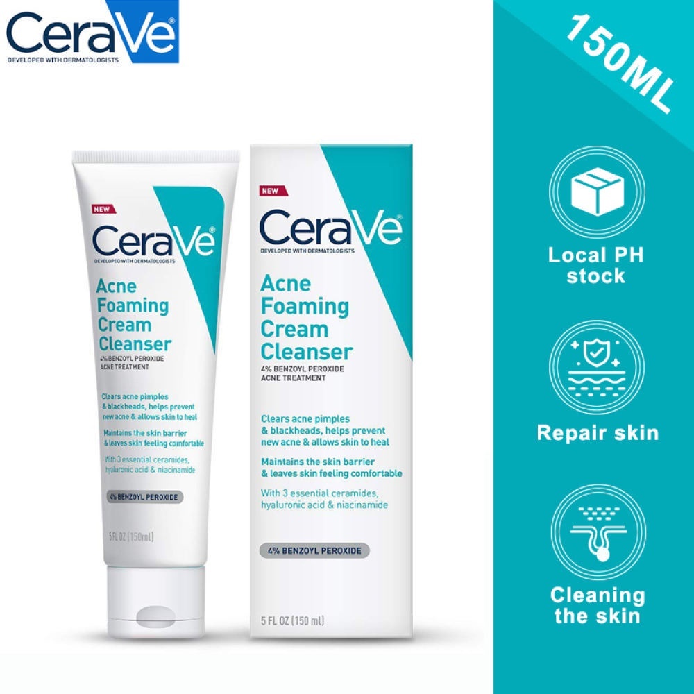CERAVE Acne Foaming Cream Cleanser Benzoyl Peroxide, Hyaluronic Acid