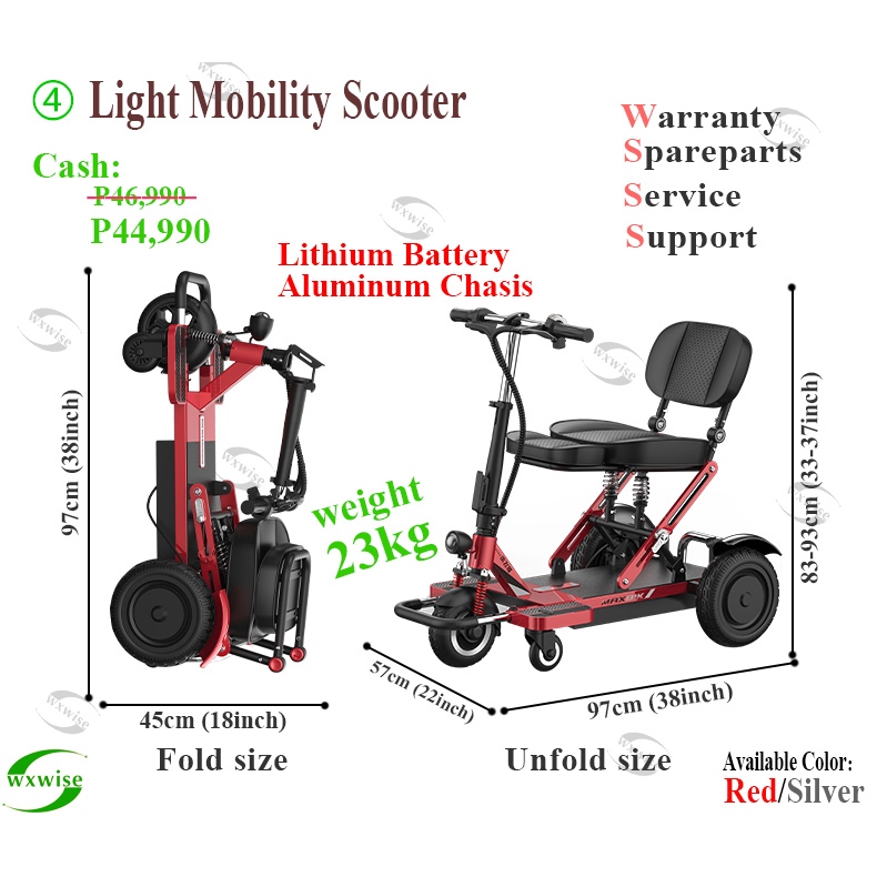 wxwise Light mobility scooter elderly aluminum scooter lithium battery scooter 3 wheels scooter