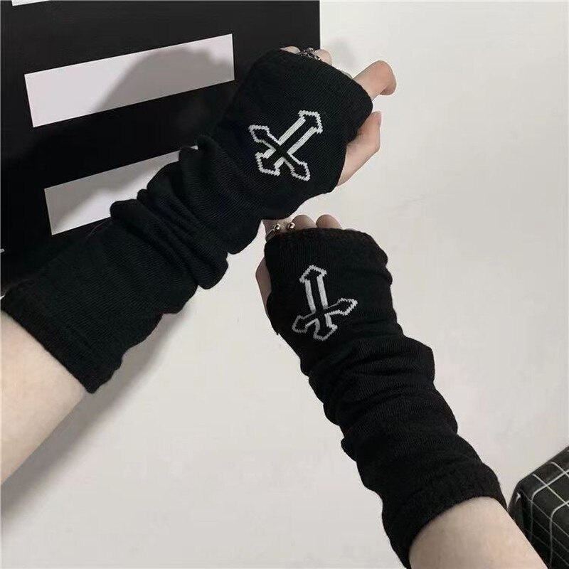 Long Fingerless Gloves Gothic Black Cuff Women Men Ninja Outdoor Cos ...