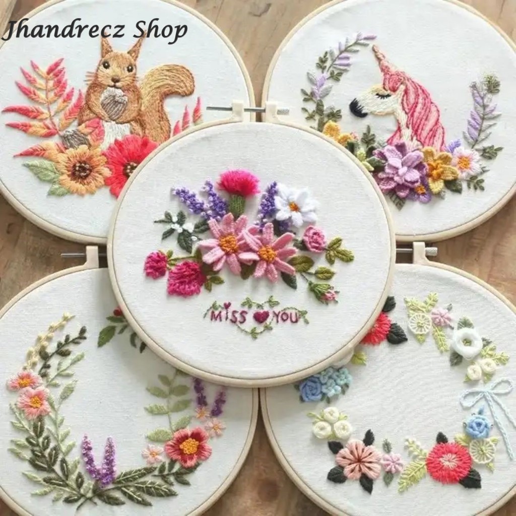 Stamped Embroidery Beginner Kit with Flowers Plants Pattern Cloth Color ...
