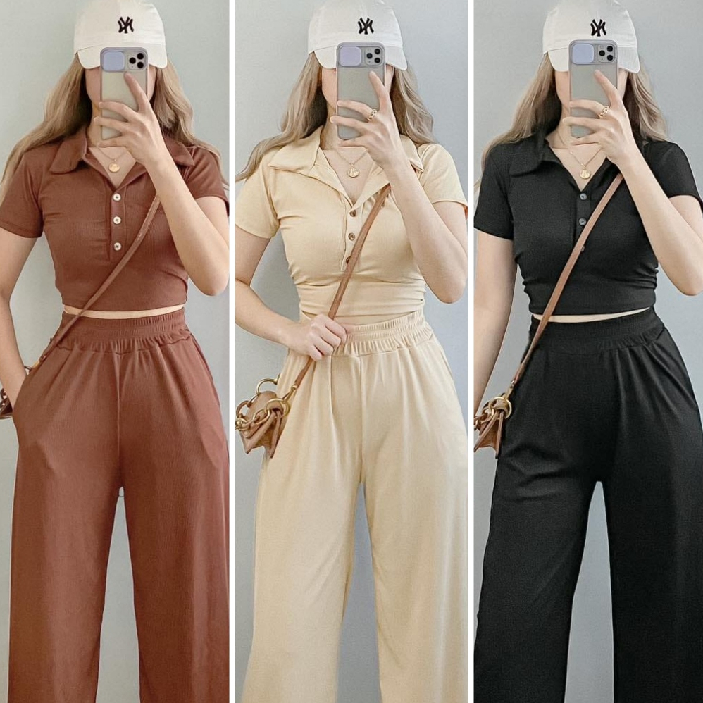 Polo Collar Top and Wide Leg Pants Knit Set