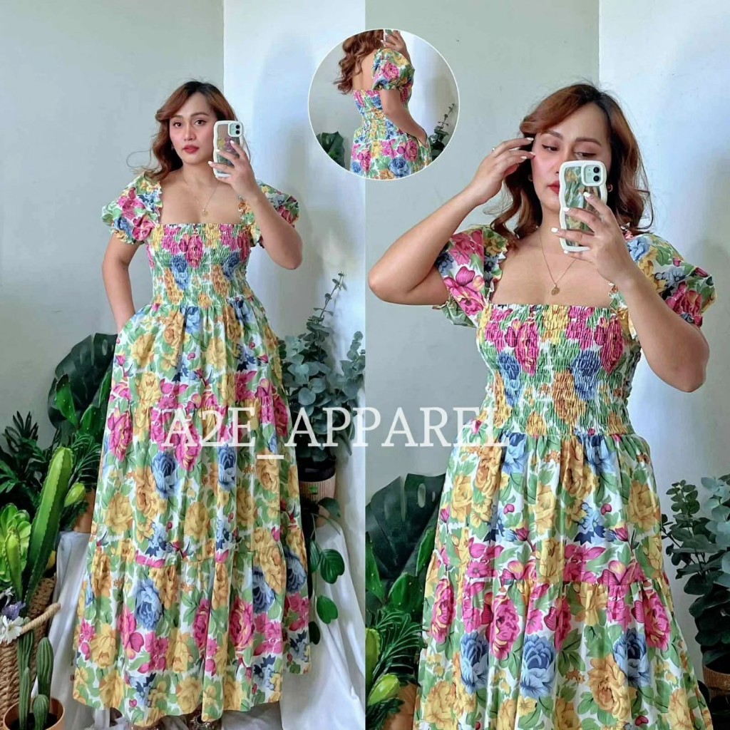A2E | Molly Dress | Floral Smocked Puff Sleeves Maxi Dress | Shopee ...