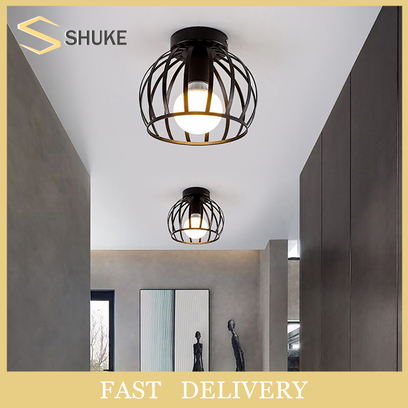 E27 Ceiling Light, Industrial Metal Cage Ceiling Lamps, for Porch