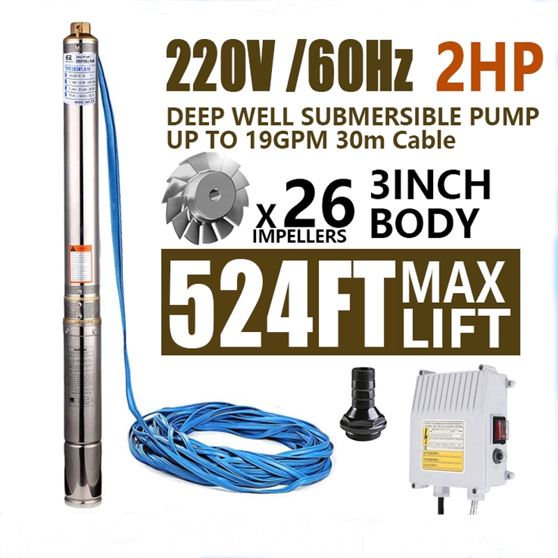 220V Submersible Pump 2HP 3'' Deep Well Water Pump Stainless Steel High ...