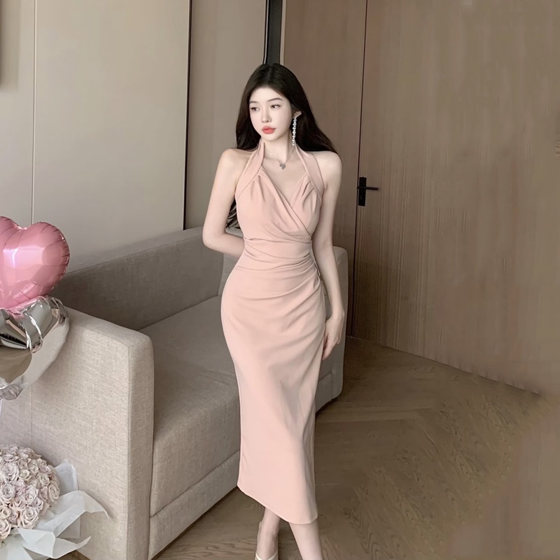 summer trendy sleeveless Fitted dress korean sexy black bodycon halter ...