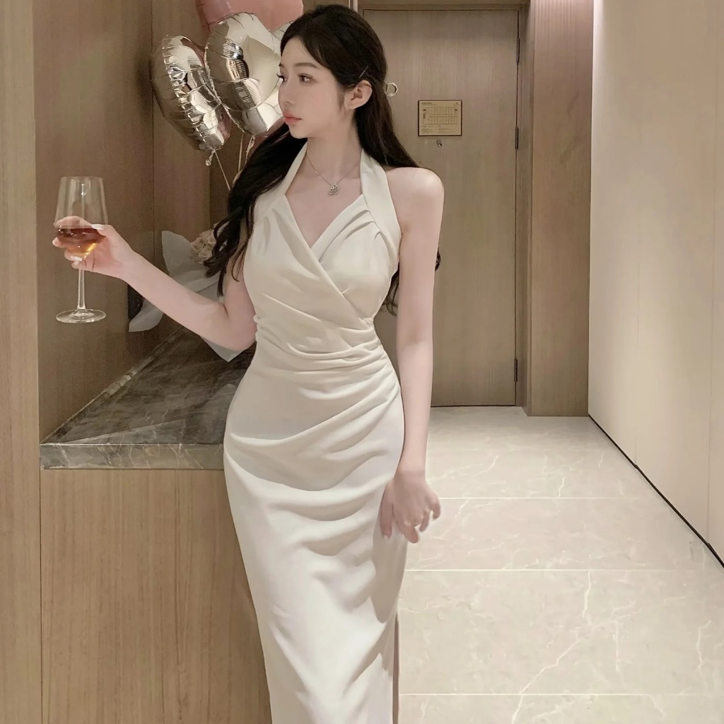 korean sexy halter backless fitted long white dress plus size cocktail ...