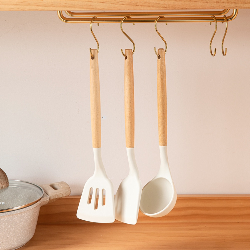 White Silicone Wooden Kitchen Utensils Spatula Cooking Tools Set Food ...