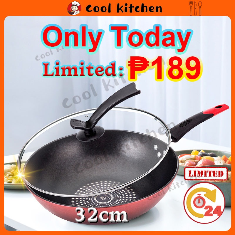 32cm NonStick Wok Pan Diamond Red Frying Pan Kitchen Iron Frying For