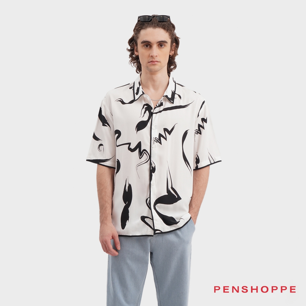 Penshoppe Relaxed Fit Shirt With All Over Print For Men (White ...