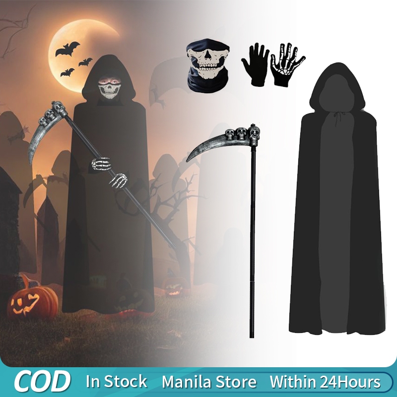 Halloween Grim Reaper Costume Velvet Black Cloak With Scythe Skull Mask Skeleton Gloves Shopee 7424