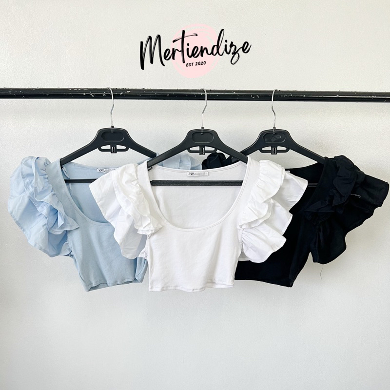 Zara Contrasting Ruffle Crop Top | Authentic Overruns | Shopee Philippines