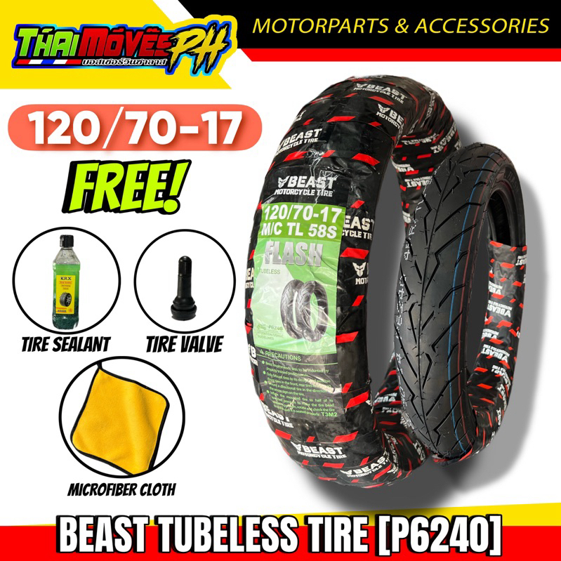 BEAST TIRE 120/7017 (P6240) Motorcycle Tubeless Tire with free tire