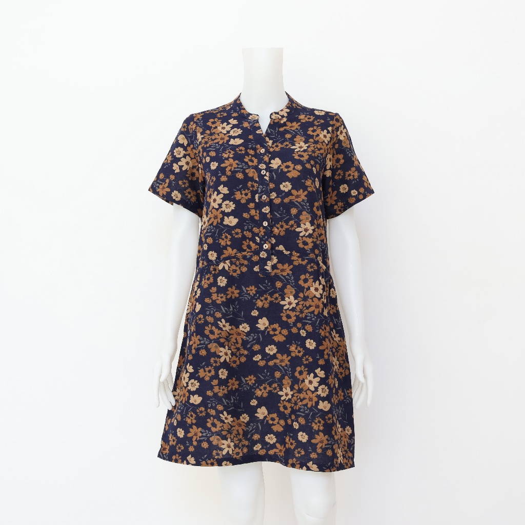 Meemee Ladies Cotton/Linen Dress with Chinese Collar and Front Piping ...