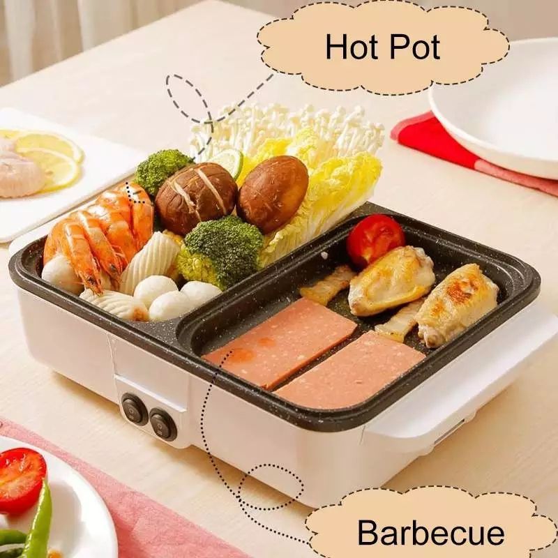 2 IN 1 Electric Hot Pot Non Stick Frying Pan Barbecue Plate Stew Cooker