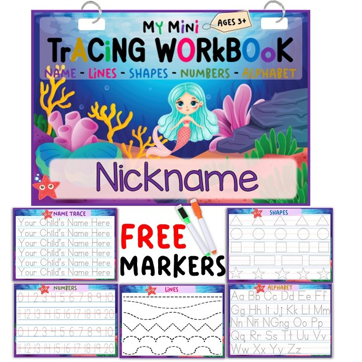 6 in 1 LAMINATED Tracing WorkBook Mini A5 size ERASABLE with 2 Free ...
