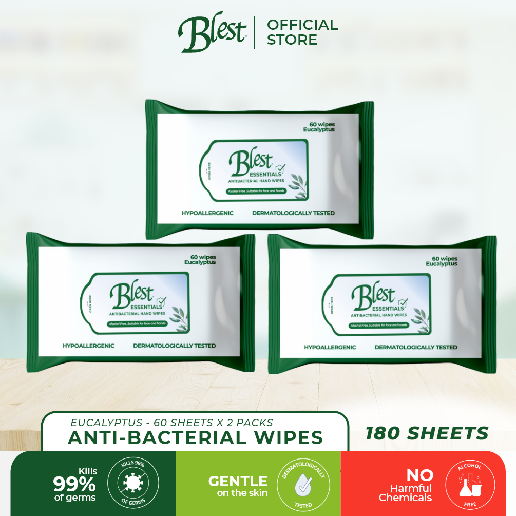 Blest Anti-Bacterial Wipes 60 Sheets x 3 Packs (180 Sheets) Eucalyptus ...