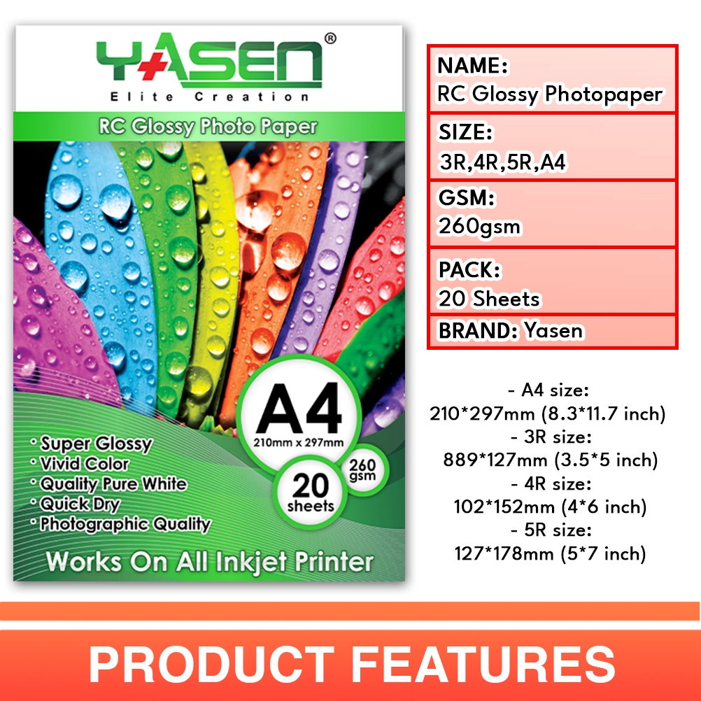 Yasen RC Glossy Photopaper Waterproof 260GSM 3R 4R 5R A4 Size 20 Sheets ...
